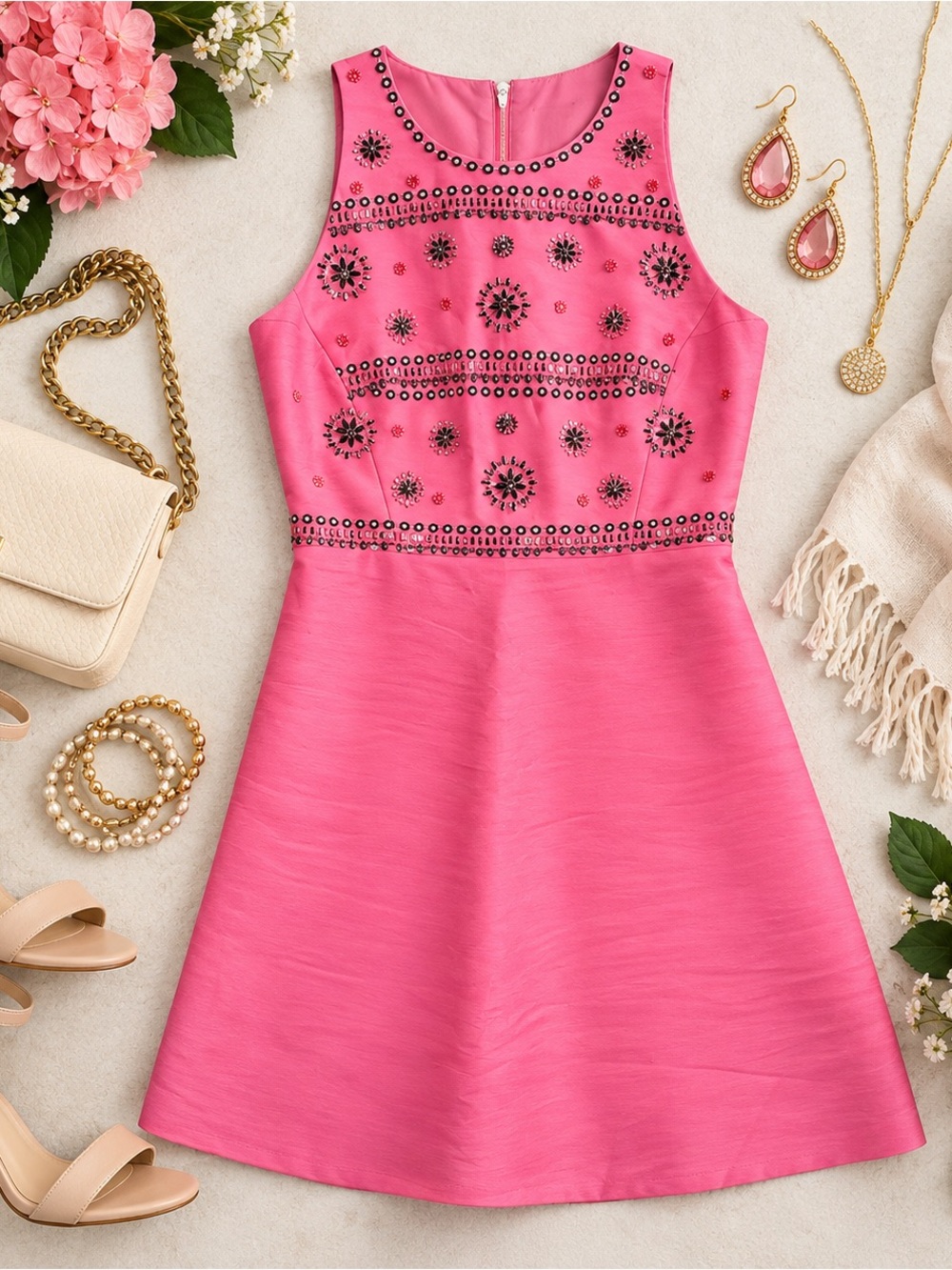 Kate Spade Pink Beaded Crystal Embellished A-Line Cocktail Dress Size 8